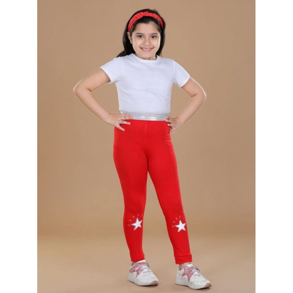 Girl's Cotton Lycra Star Print Elasticated Leggings - Red