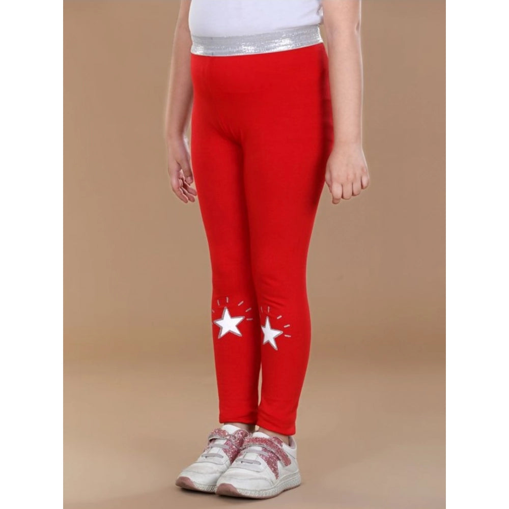 Girl's Cotton Lycra Star Print Elasticated Leggings - Red