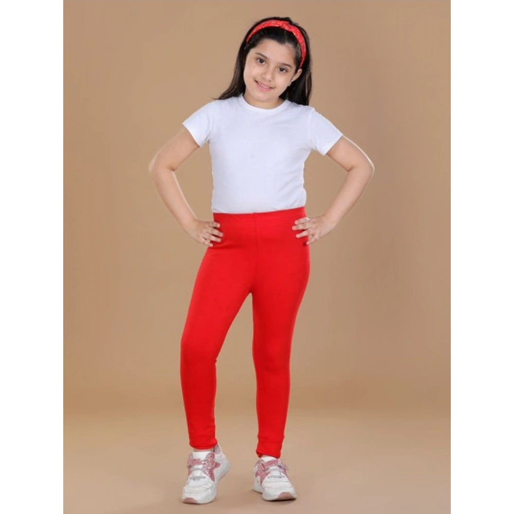 Girl's Cotton Lycra Solid Elasticated Leggings - Red