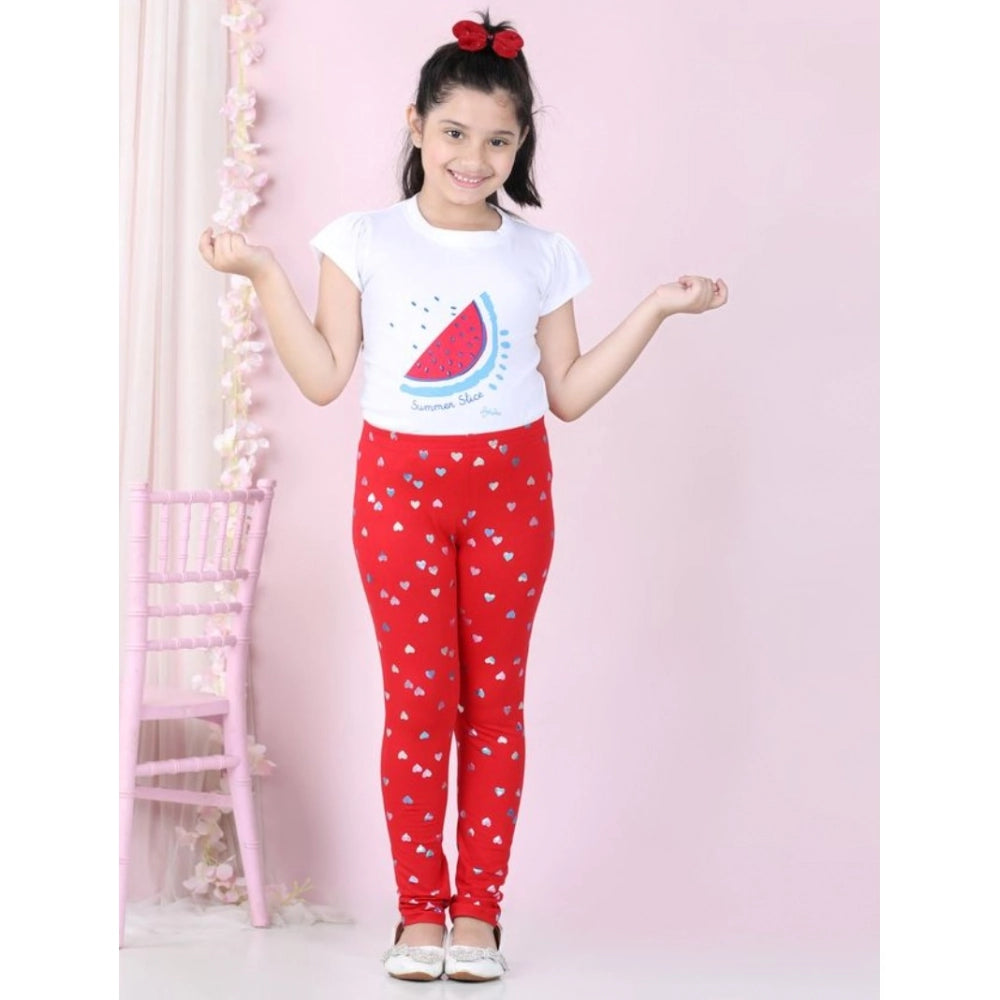 Girl's Cotton Lycra Embellished Elasticated Leggings - Red
