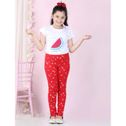 Girl's Cotton Lycra Embellished Elasticated Leggings - Red