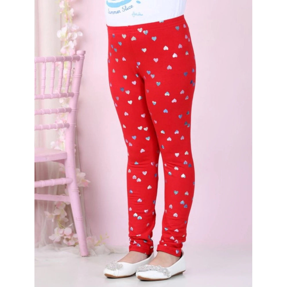Girl's Cotton Lycra Embellished Elasticated Leggings - Red