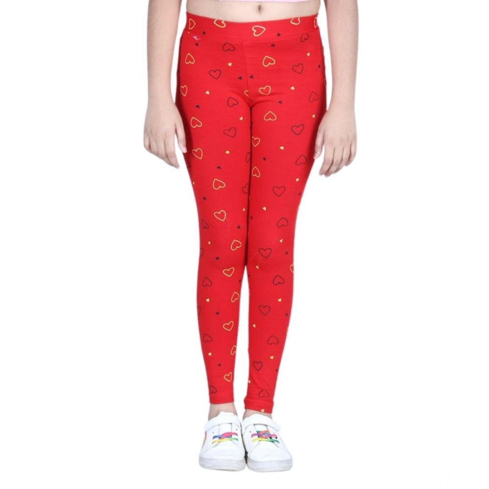 Girl's Cotton Lycra Printed Elasticated Leggings - Red