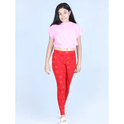 Girl's Cotton Lycra Printed Elasticated Leggings - Red