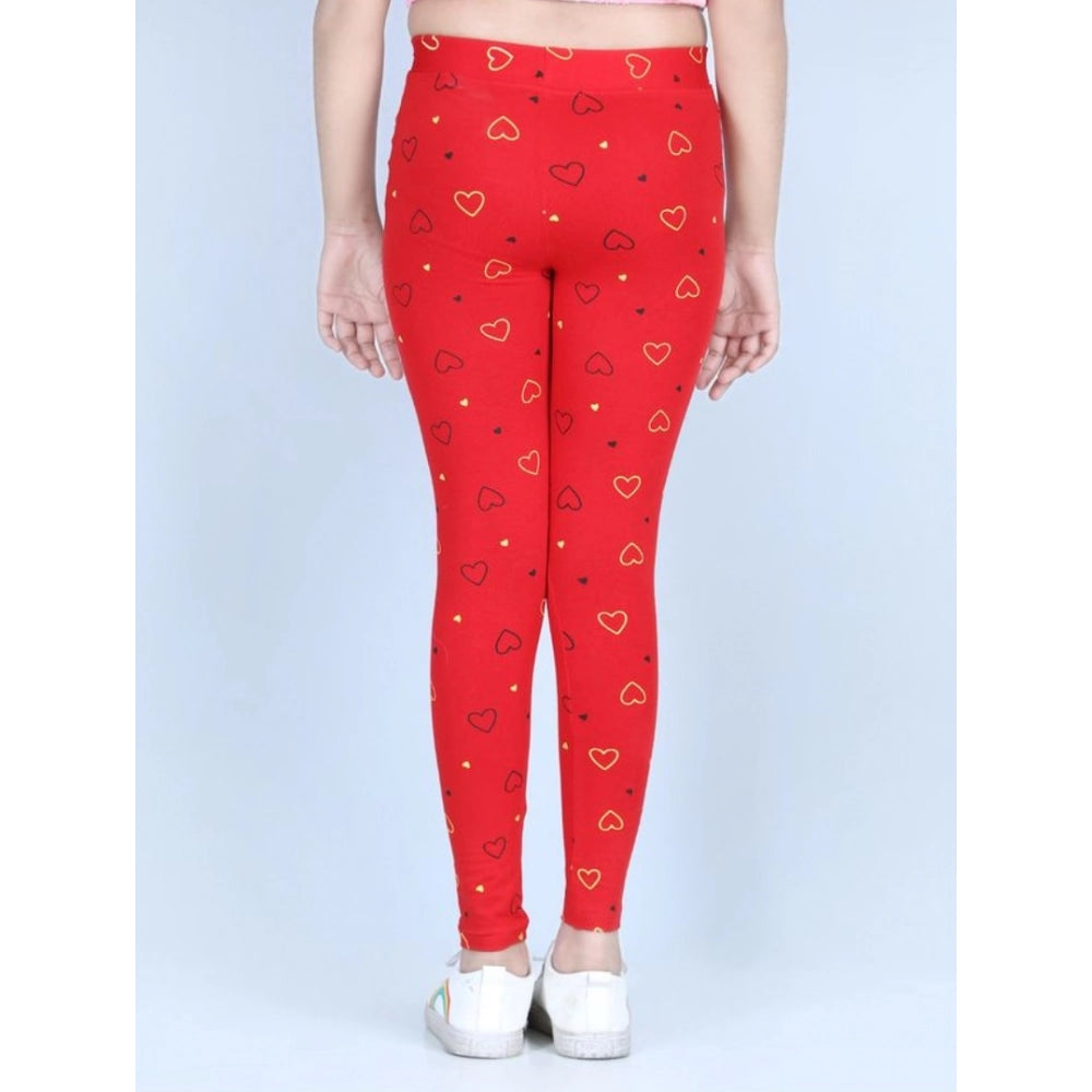 Girl's Cotton Lycra Printed Elasticated Leggings - Red