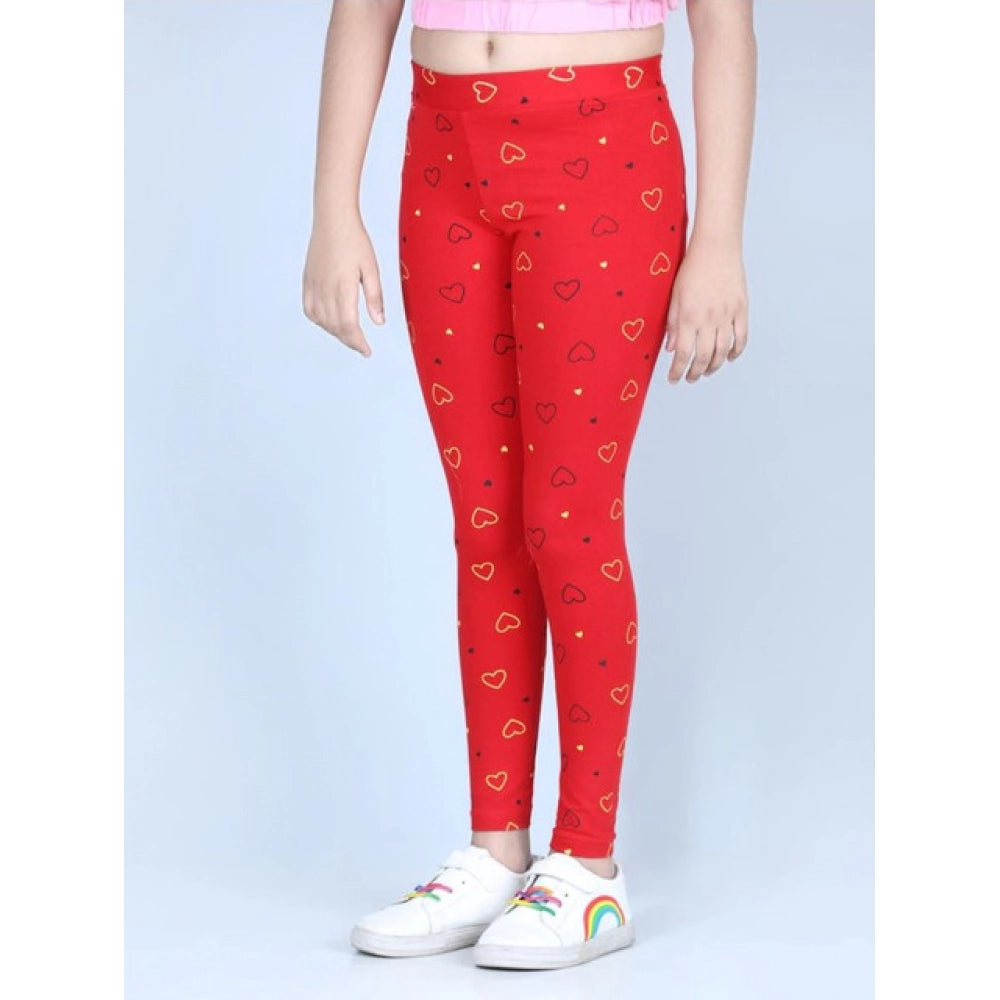 Girl's Cotton Lycra Printed Elasticated Leggings - Red