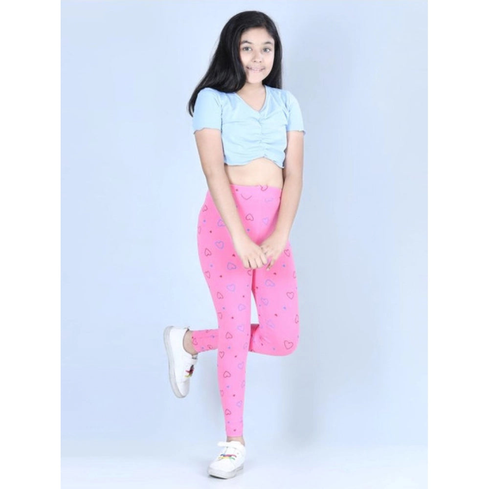 Girl's Cotton Lycra Printed Elasticated Leggings - Light Pink