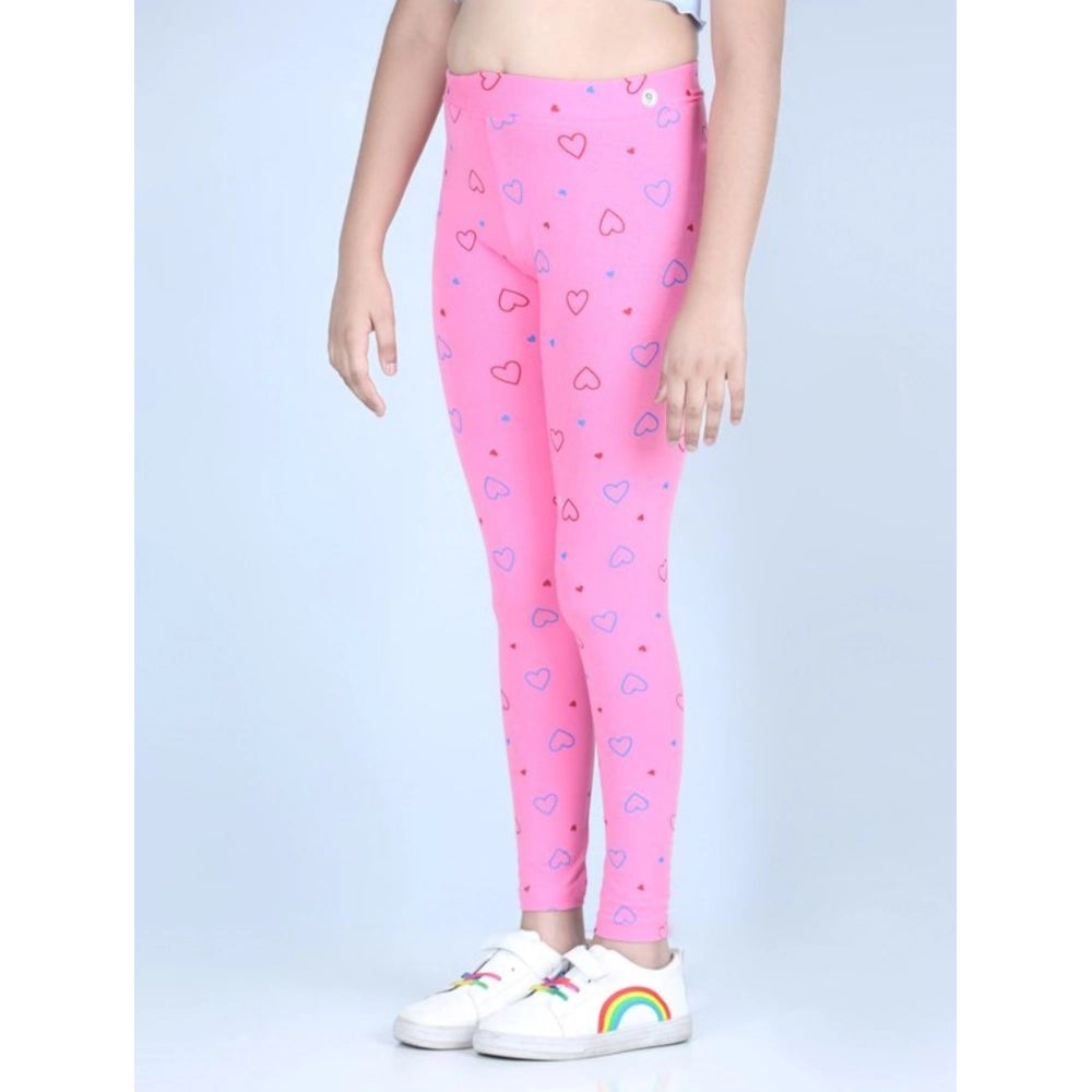 Girl's Cotton Lycra Printed Elasticated Leggings - Light Pink