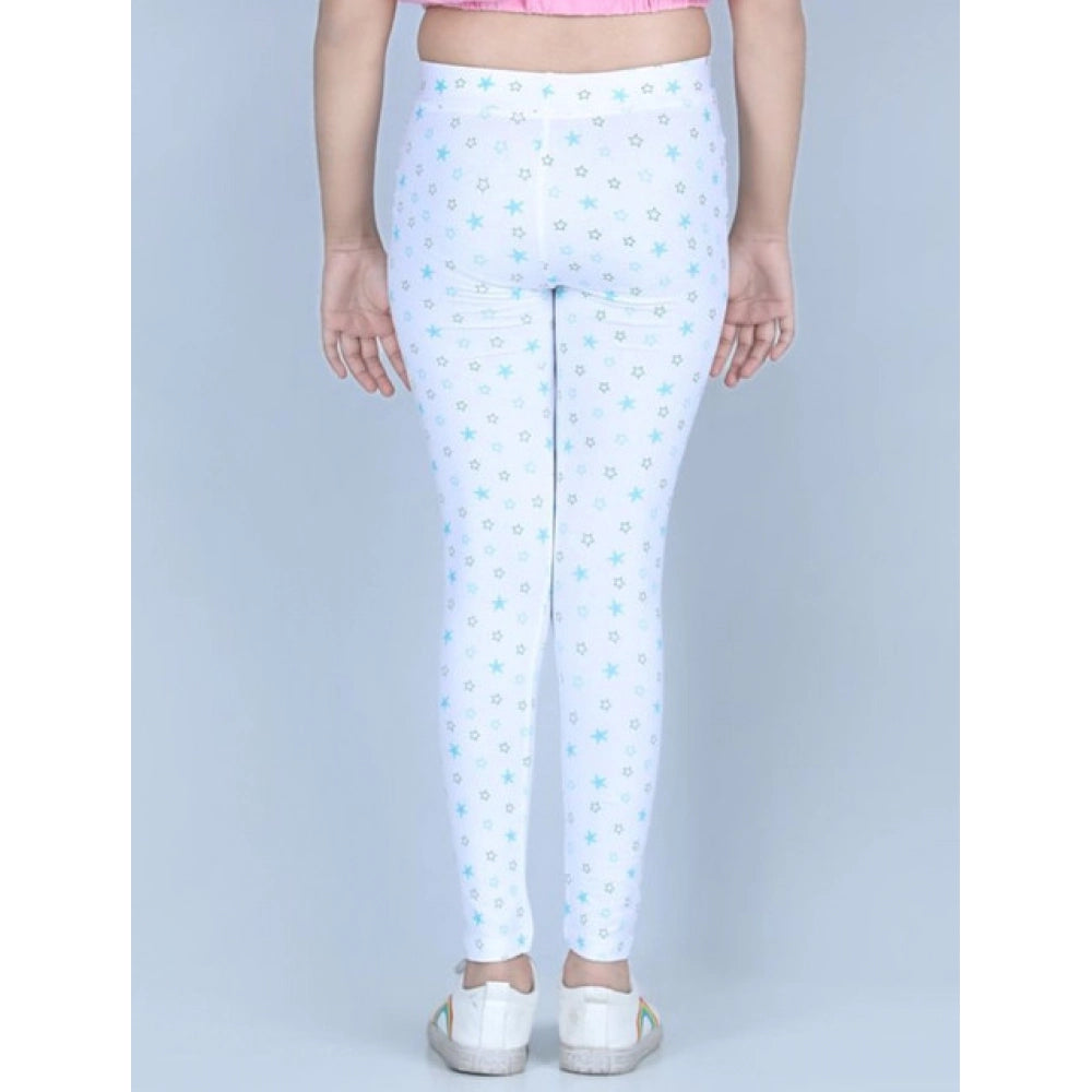 Girl's Cotton Lycra Printed Elasticated Leggings - White
