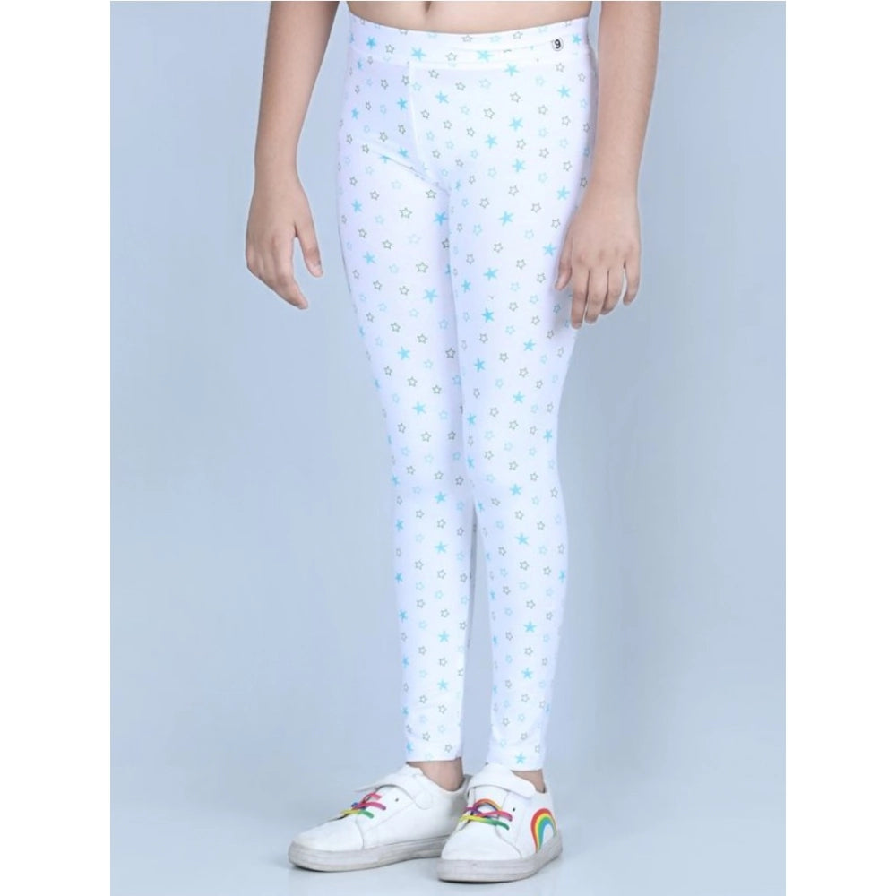 Girl's Cotton Lycra Printed Elasticated Leggings - White