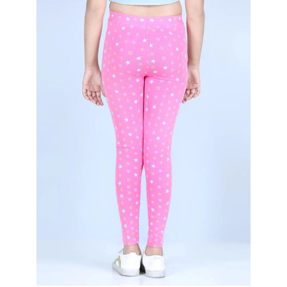 Girl's Cotton Lycra Printed Elasticated Leggings - Pink