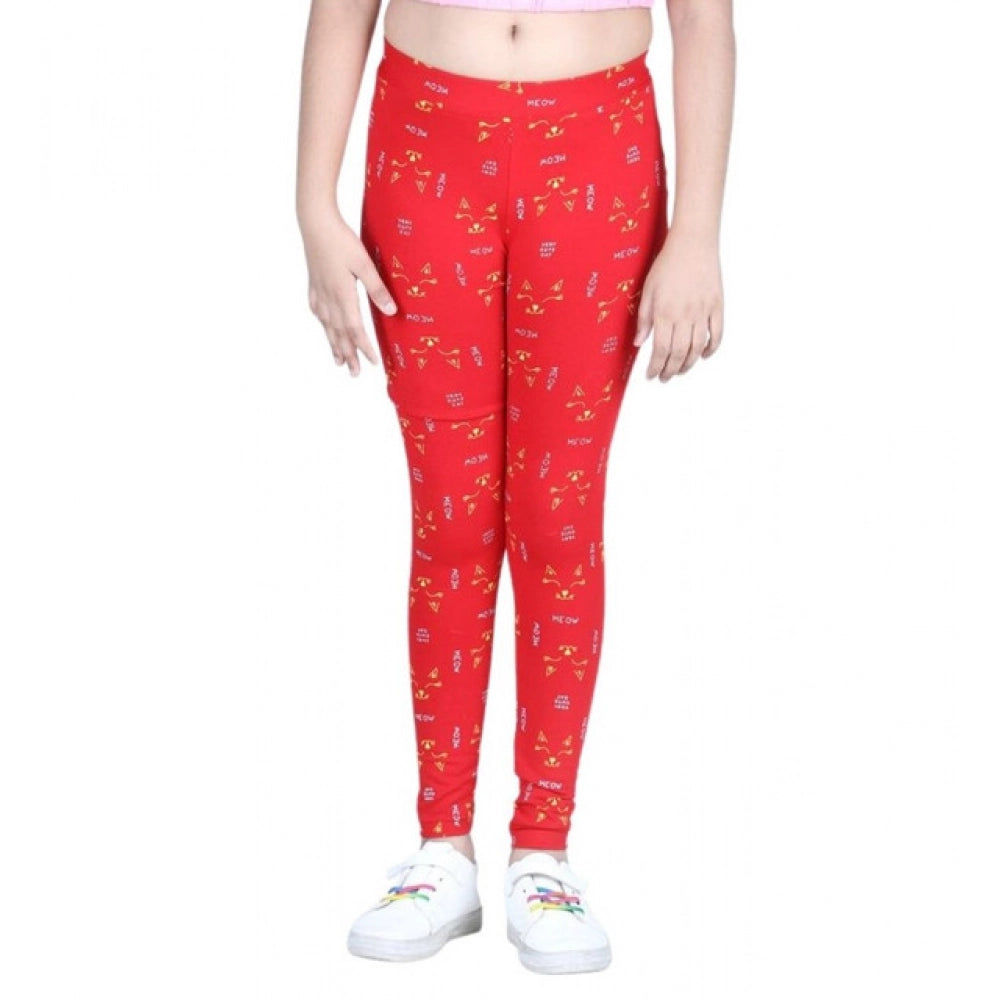 Girl's Cotton Lycra Printed Elasticated Leggings - Red