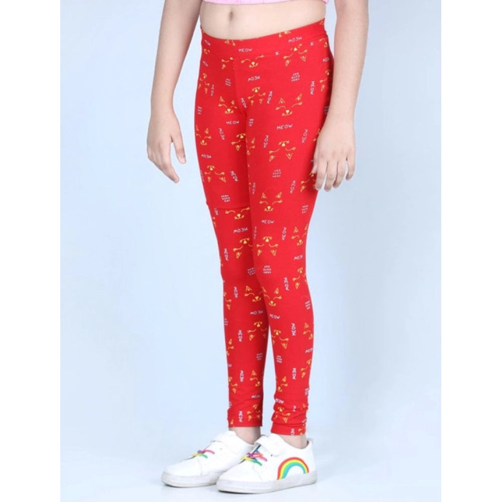 Girl's Cotton Lycra Printed Elasticated Leggings - Red