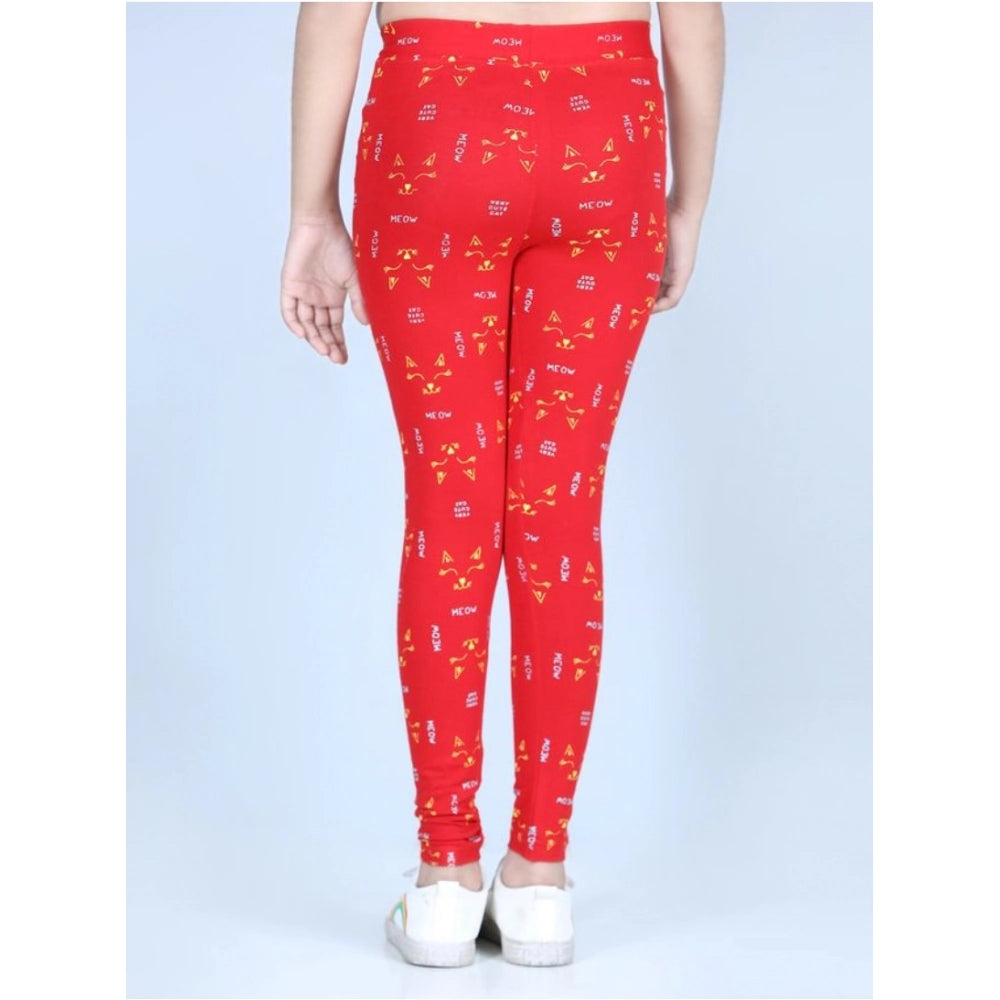 Girl's Cotton Lycra Printed Elasticated Leggings - Red