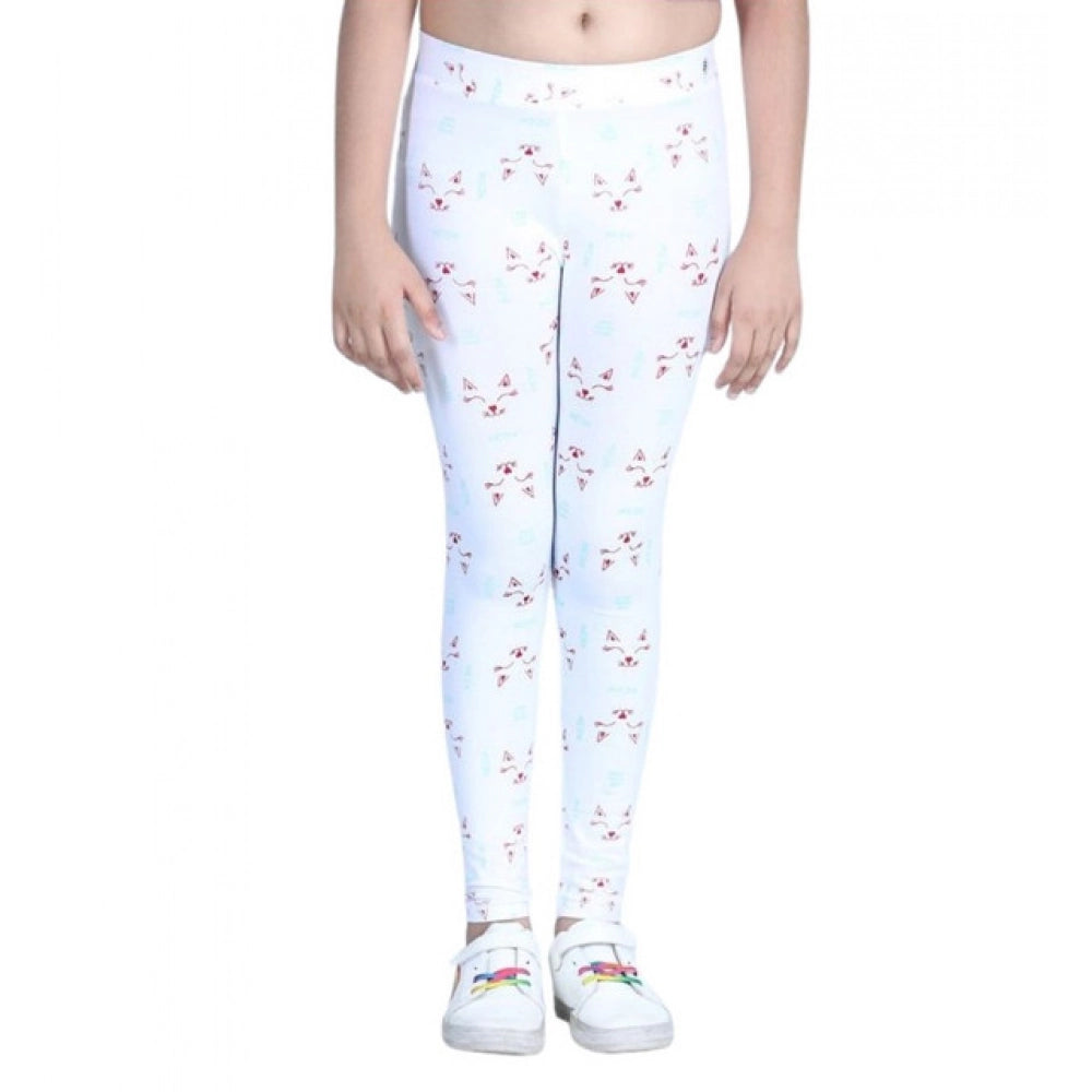 Girl's Cotton Lycra Printed Elasticated Leggings - White