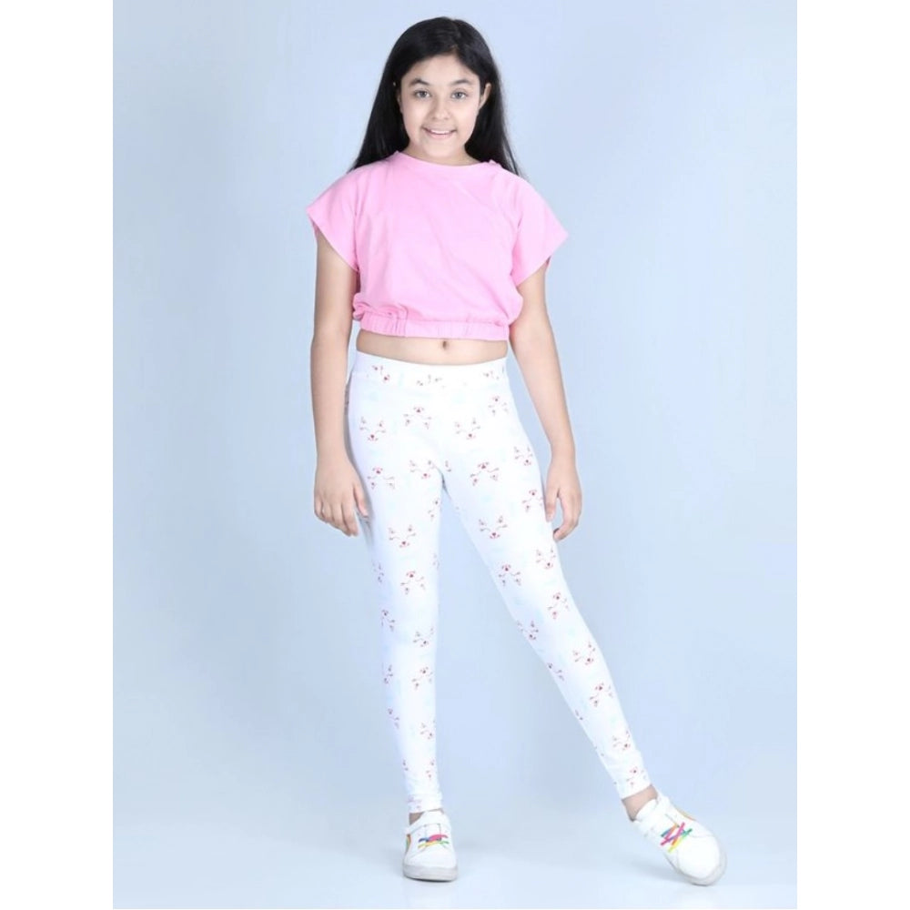 Girl's Cotton Lycra Printed Elasticated Leggings - White