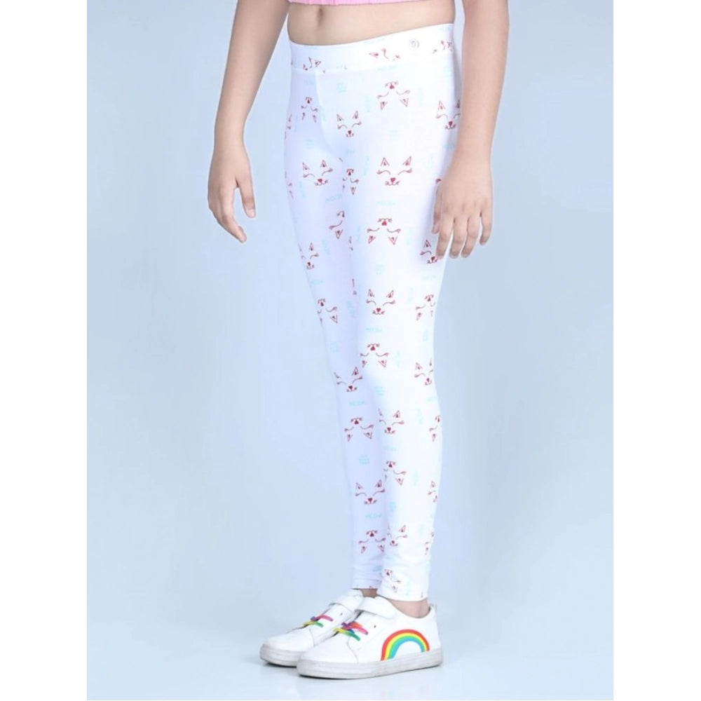 Girl's Cotton Lycra Printed Elasticated Leggings - White