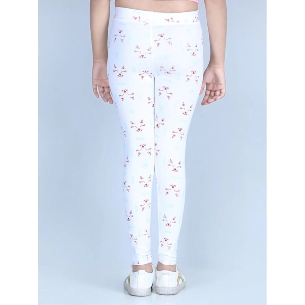 Girl's Cotton Lycra Printed Elasticated Leggings - White