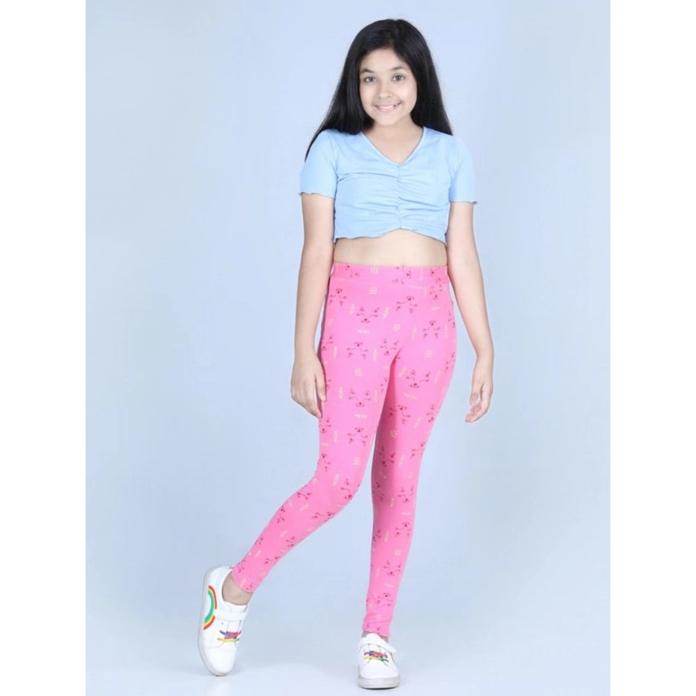 Girl's Cotton Lycra Printed Elasticated Leggings - Pink