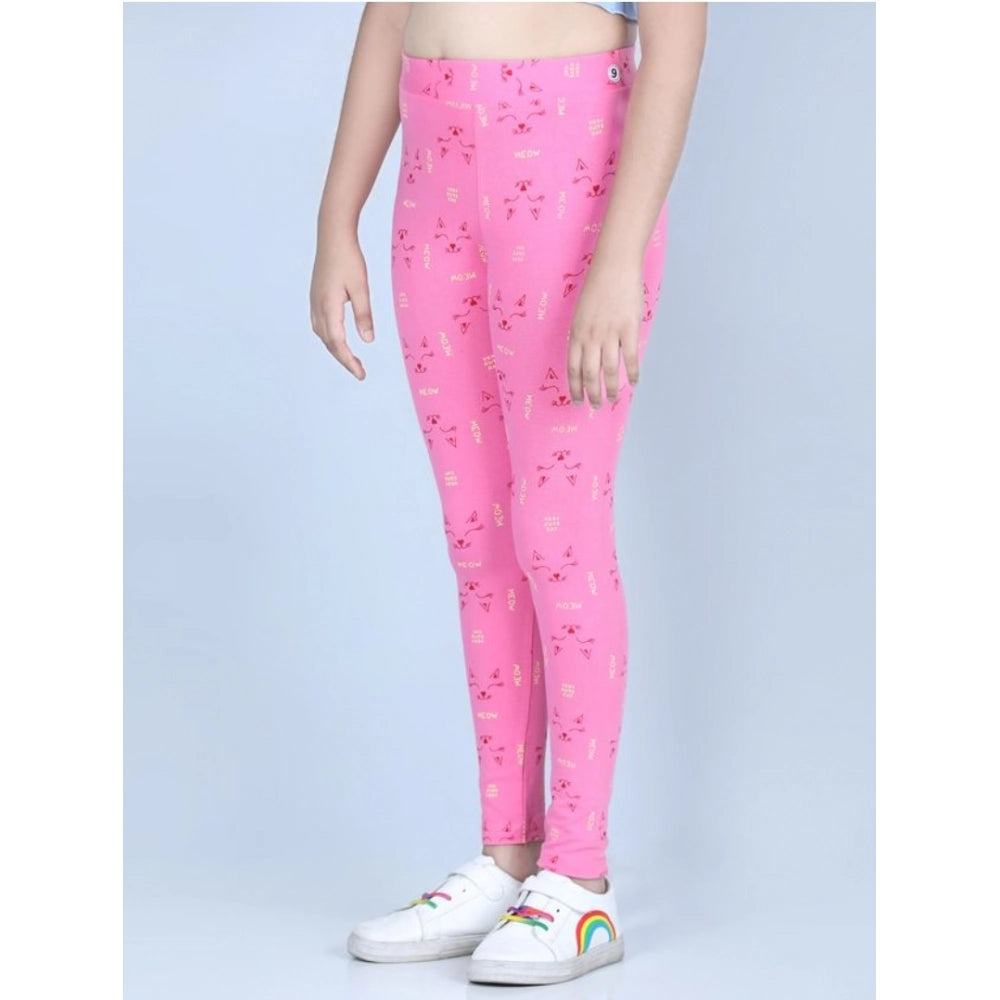 Girl's Cotton Lycra Printed Elasticated Leggings - Pink