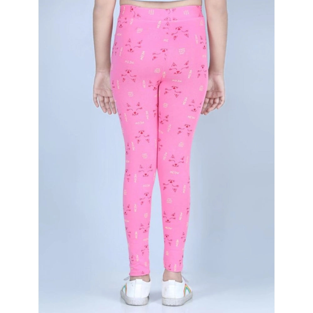 Girl's Cotton Lycra Printed Elasticated Leggings - Pink