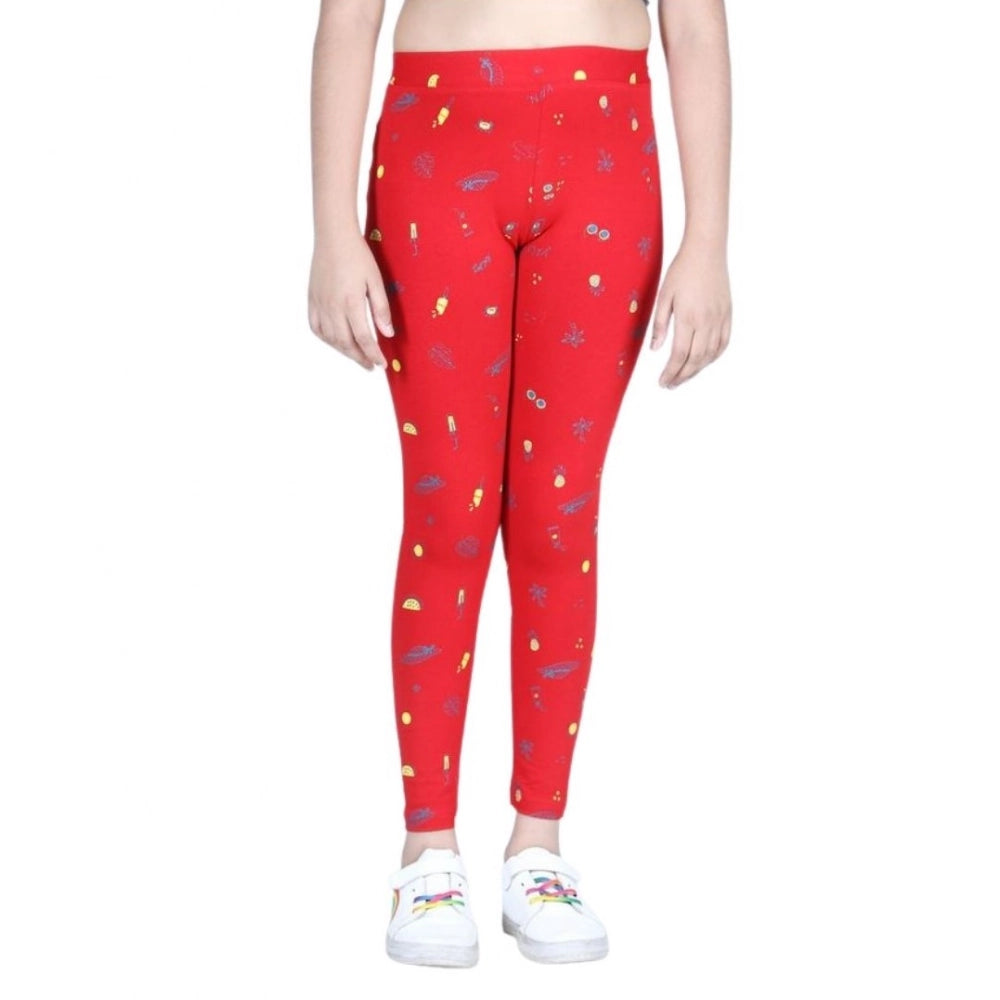 Girl's Cotton Lycra Printed Elasticated Leggings - Red