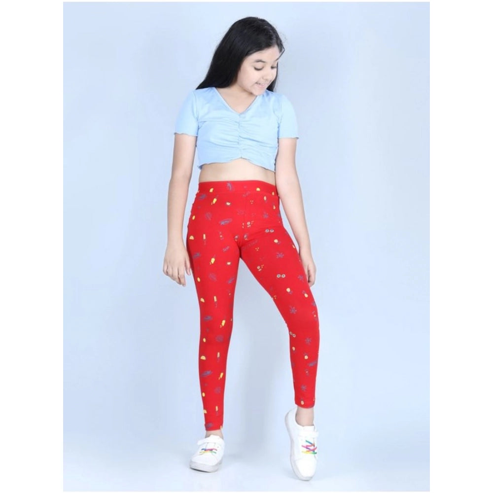 Girl's Cotton Lycra Printed Elasticated Leggings - Red