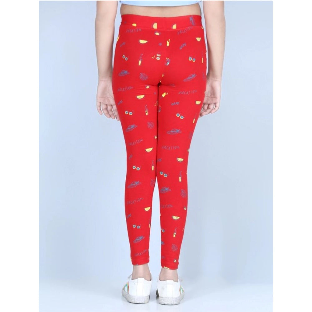 Girl's Cotton Lycra Printed Elasticated Leggings - Red