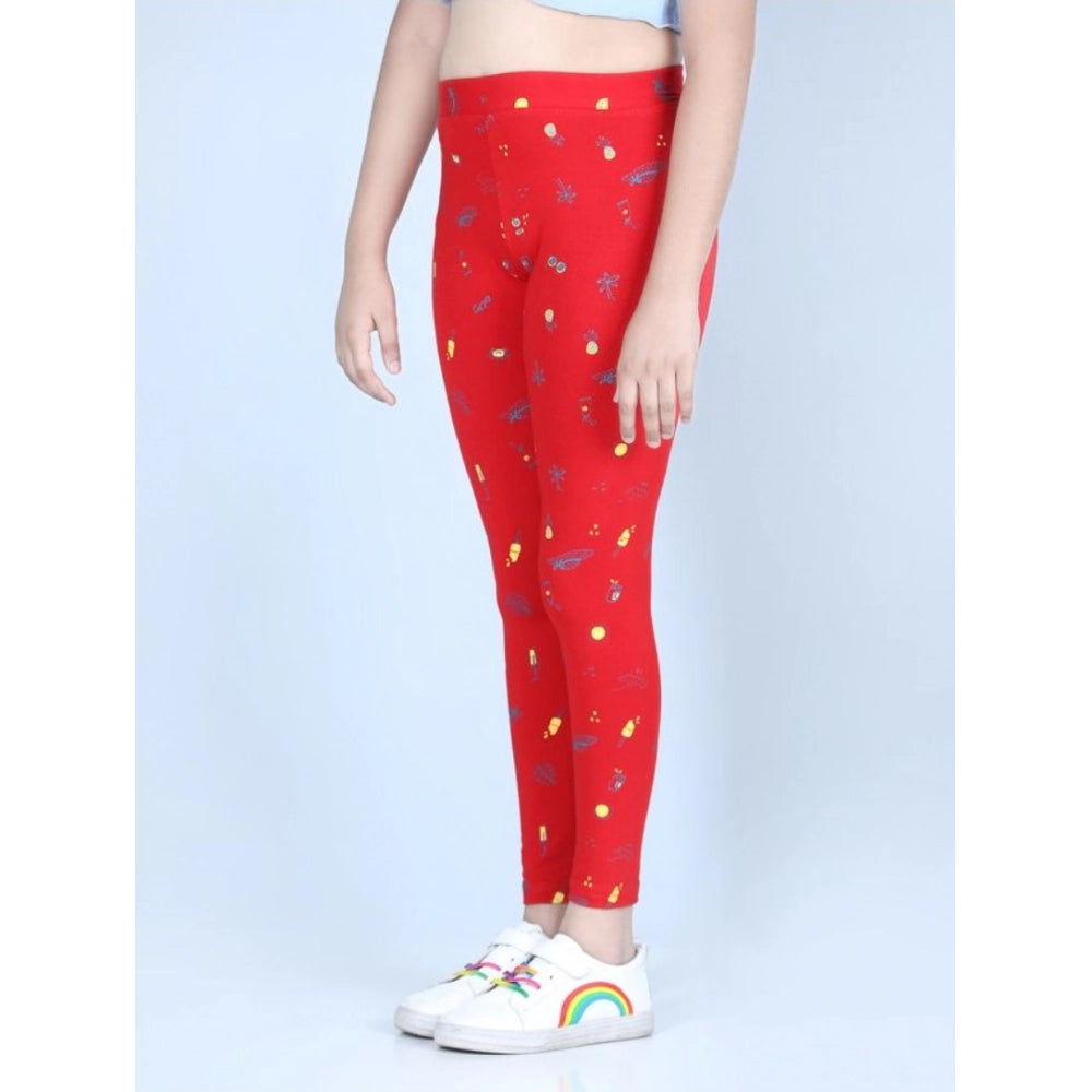 Girl's Cotton Lycra Printed Elasticated Leggings - Red
