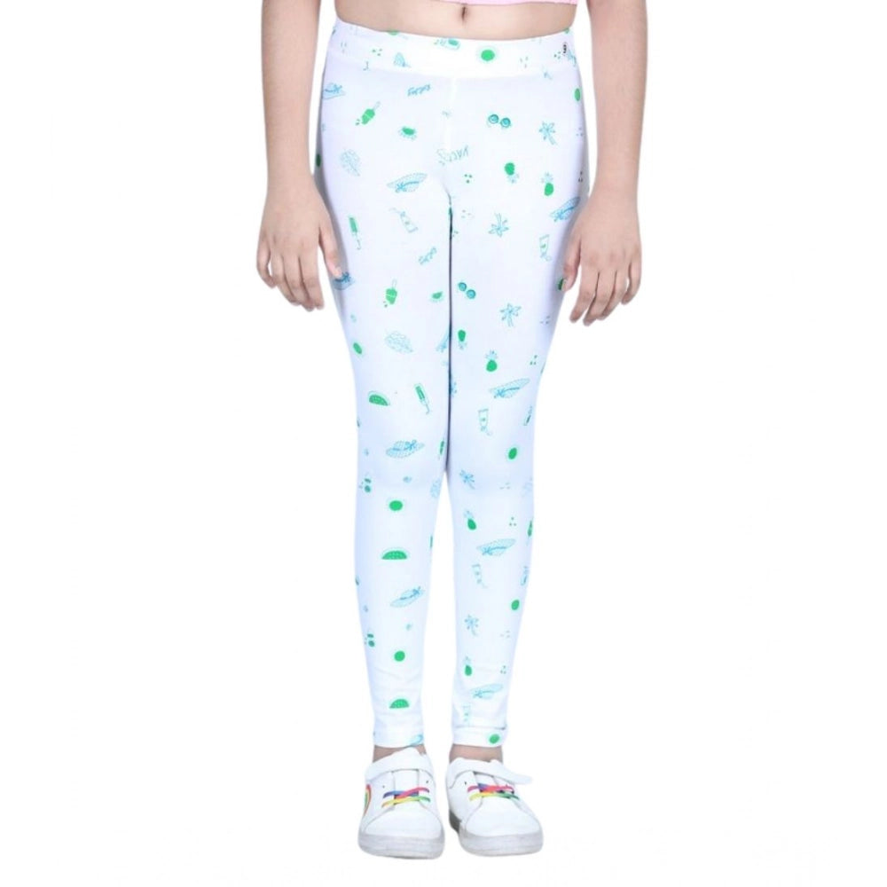 Girl's Cotton Lycra Printed Elasticated Leggings - White
