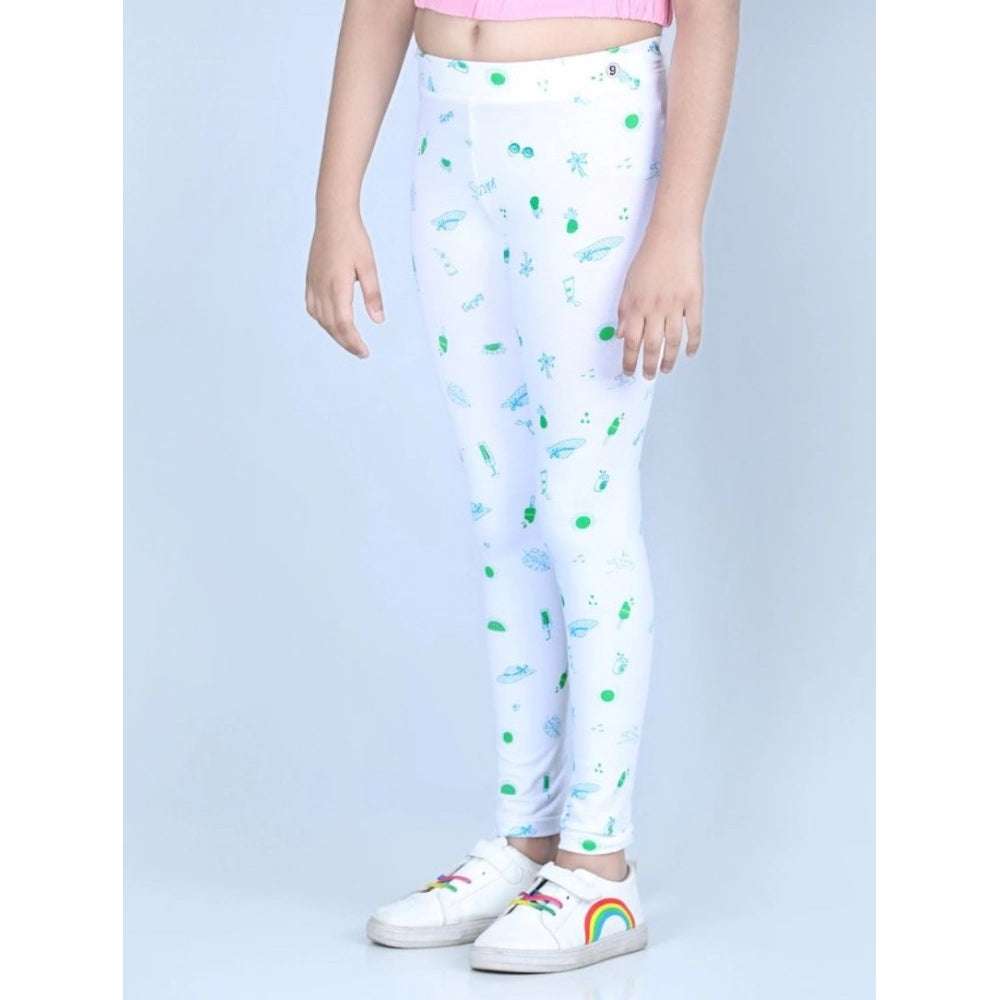 Girl's Cotton Lycra Printed Elasticated Leggings - White