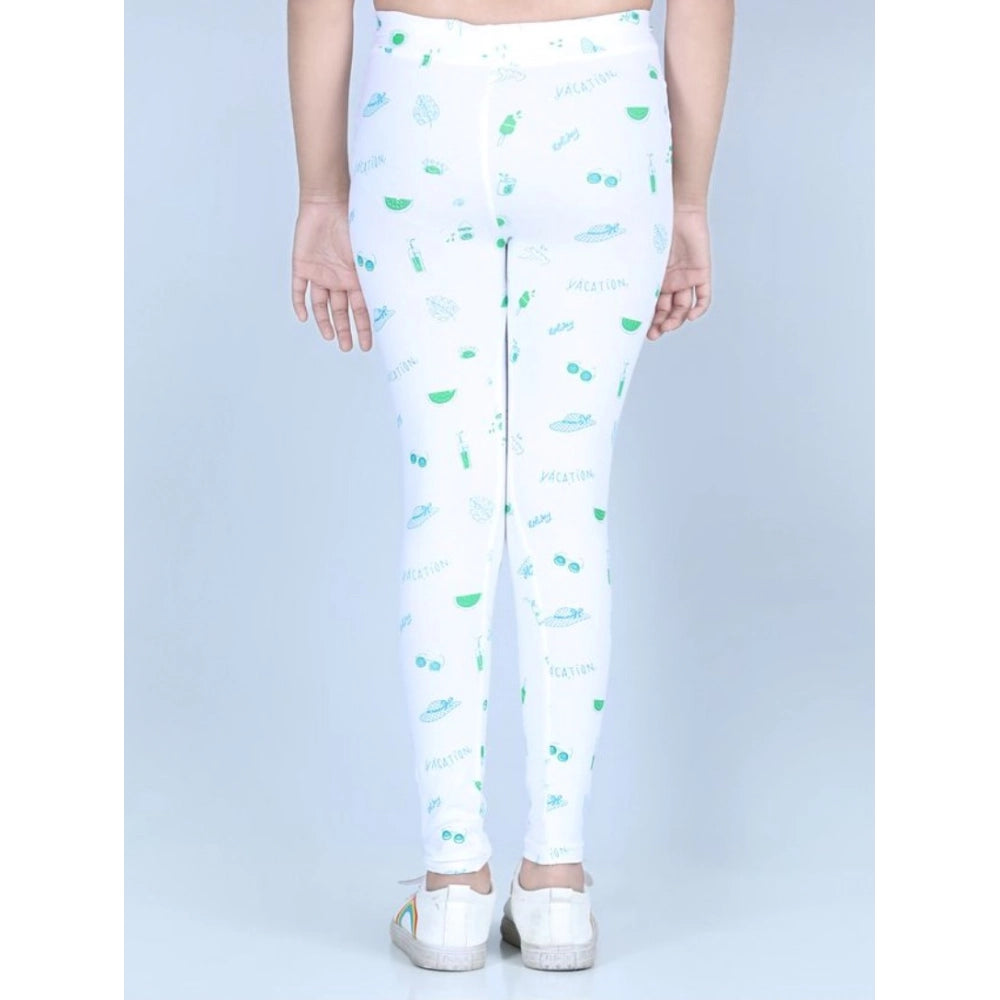 Girl's Cotton Lycra Printed Elasticated Leggings - White