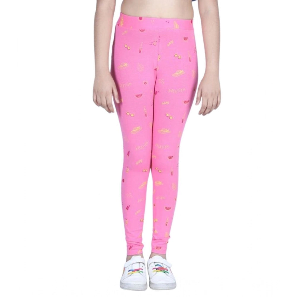 Girl's Cotton Lycra Printed Elasticated Leggings - Pink