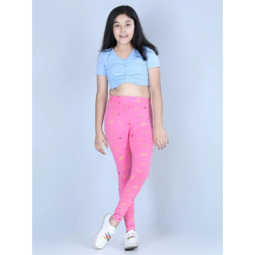 Girl's Cotton Lycra Printed Elasticated Leggings - Pink