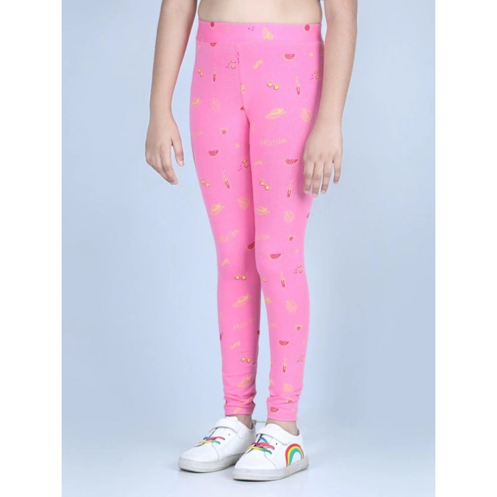 Girl's Cotton Lycra Printed Elasticated Leggings - Pink