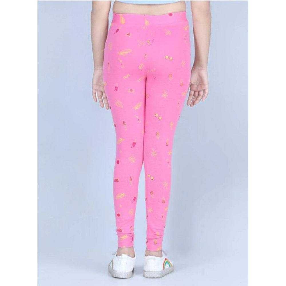 Girl's Cotton Lycra Printed Elasticated Leggings - Pink