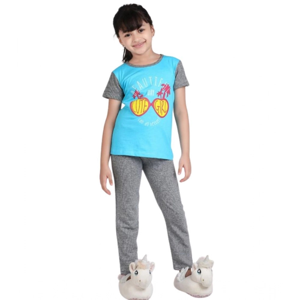 Girl's Cotton Hosiery Printed Night Suit Set - Blue-Grey