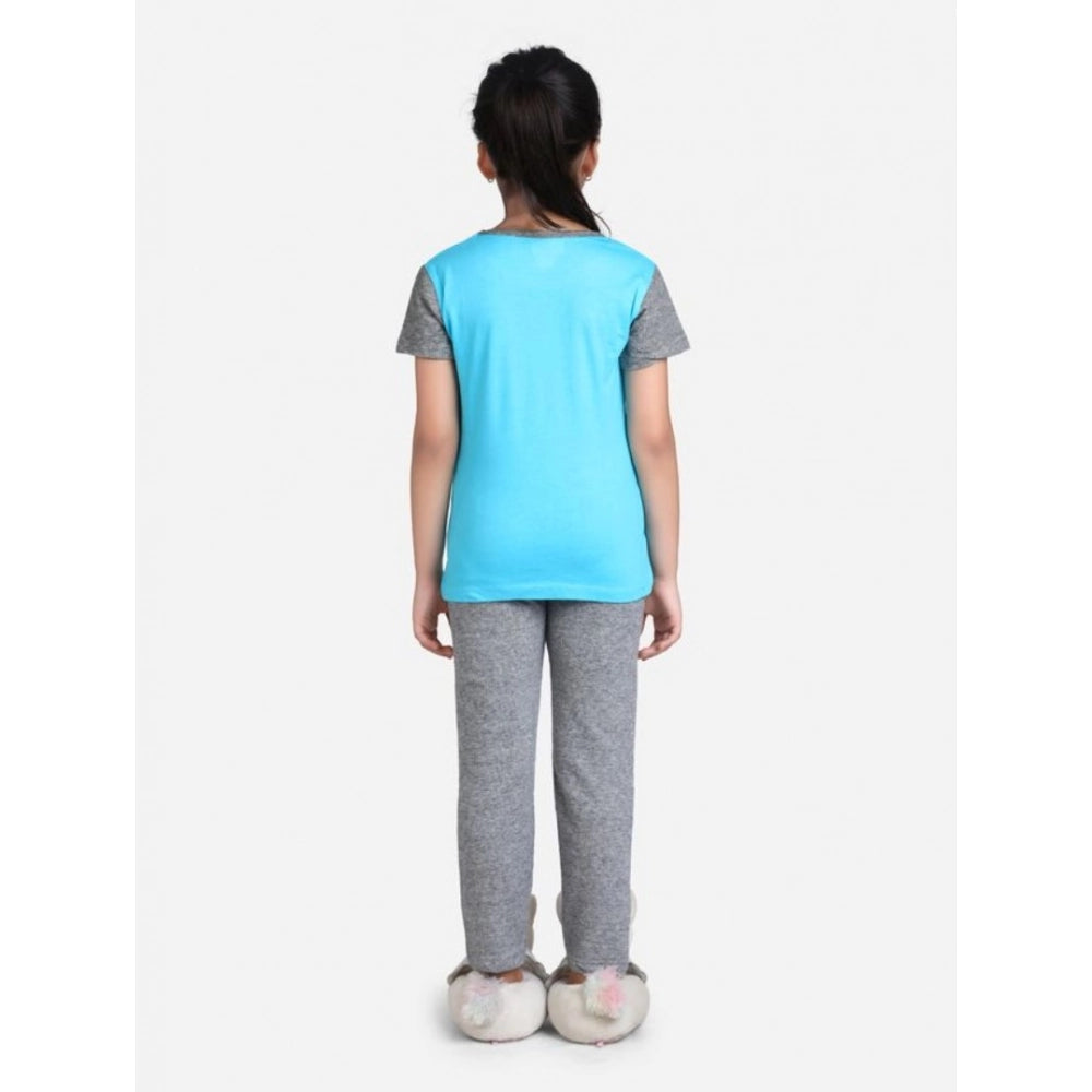 Girl's Cotton Hosiery Printed Night Suit Set - Blue-Grey