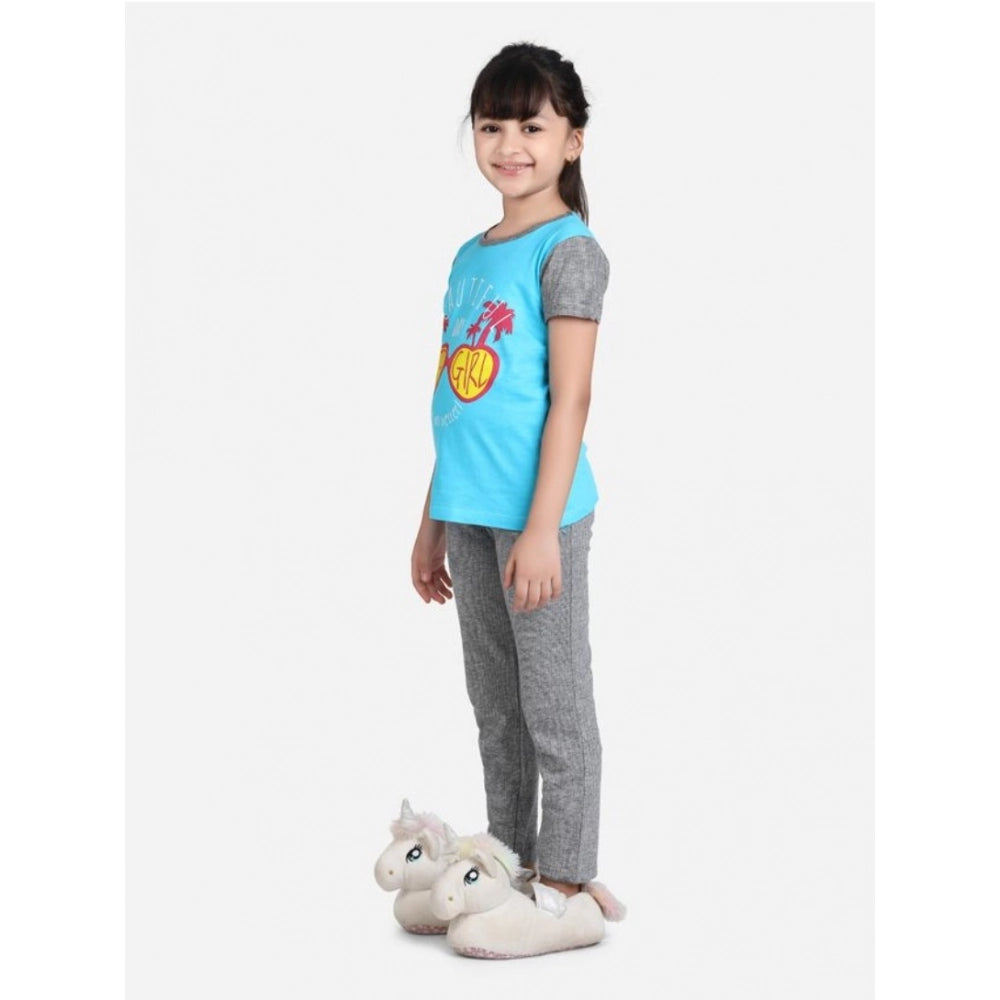 Girl's Cotton Hosiery Printed Night Suit Set - Blue-Grey