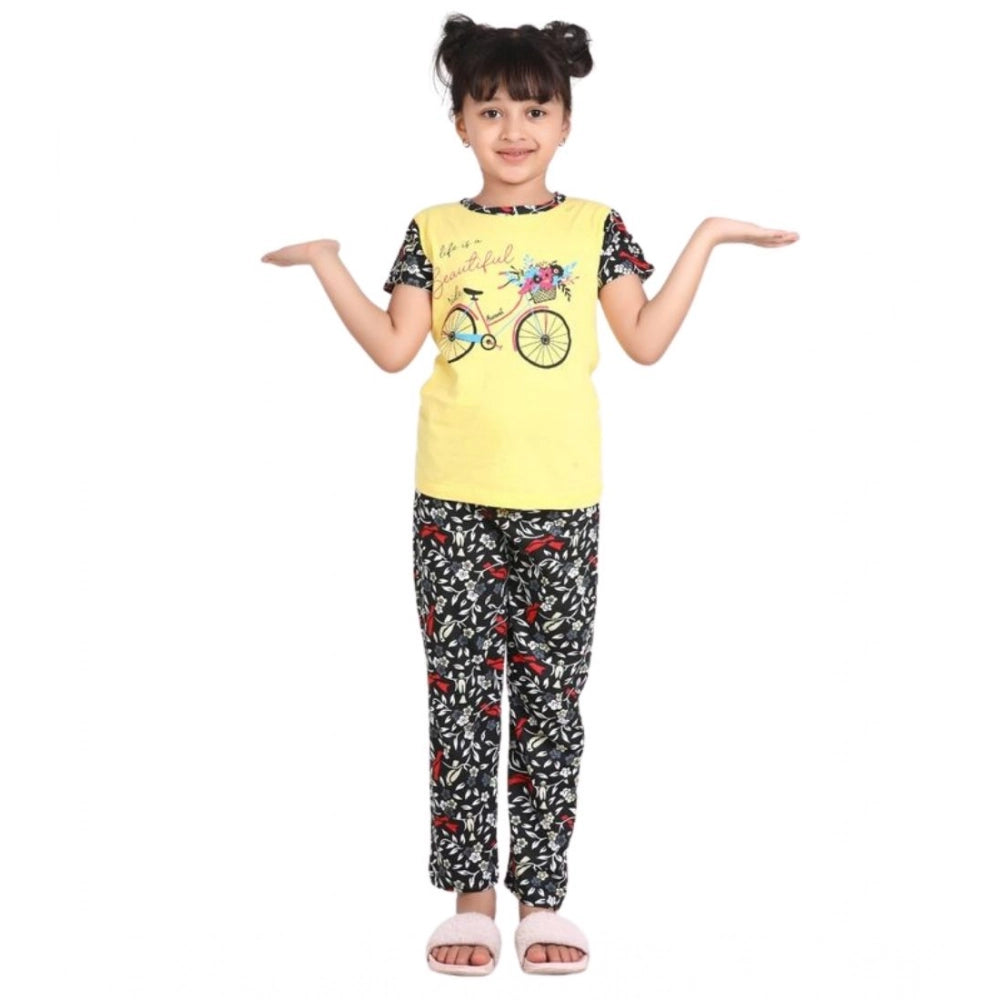 Girl's Cotton Hosiery Printed Night Suit Set - Yellow-Black