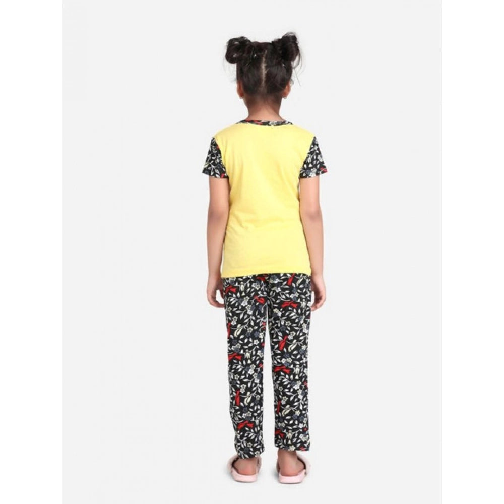 Girl's Cotton Hosiery Printed Night Suit Set - Yellow-Black