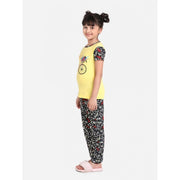 Girl's Cotton Hosiery Printed Night Suit Set - Yellow-Black