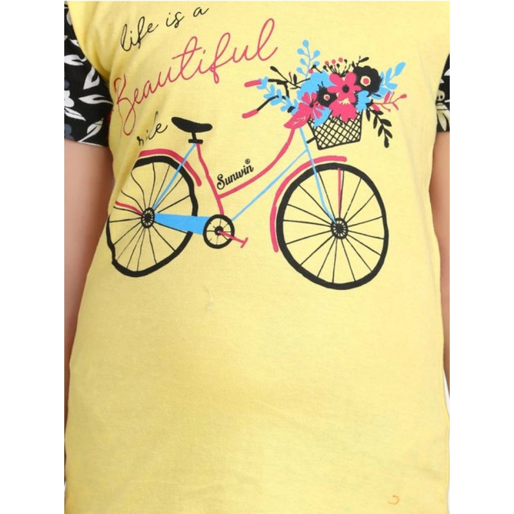 Girl's Cotton Hosiery Printed Night Suit Set - Yellow-Black