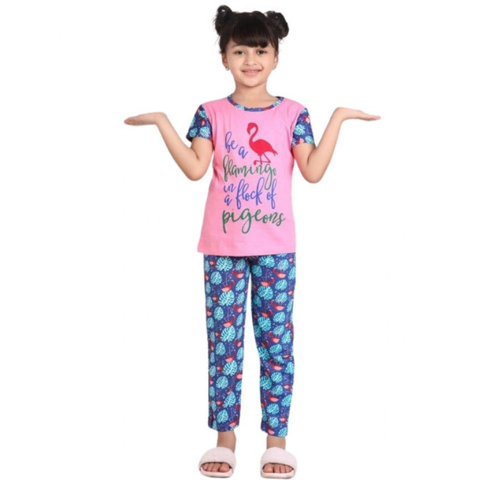 Girl's Cotton Hosiery Printed Night Suit Set - Pink-Blue