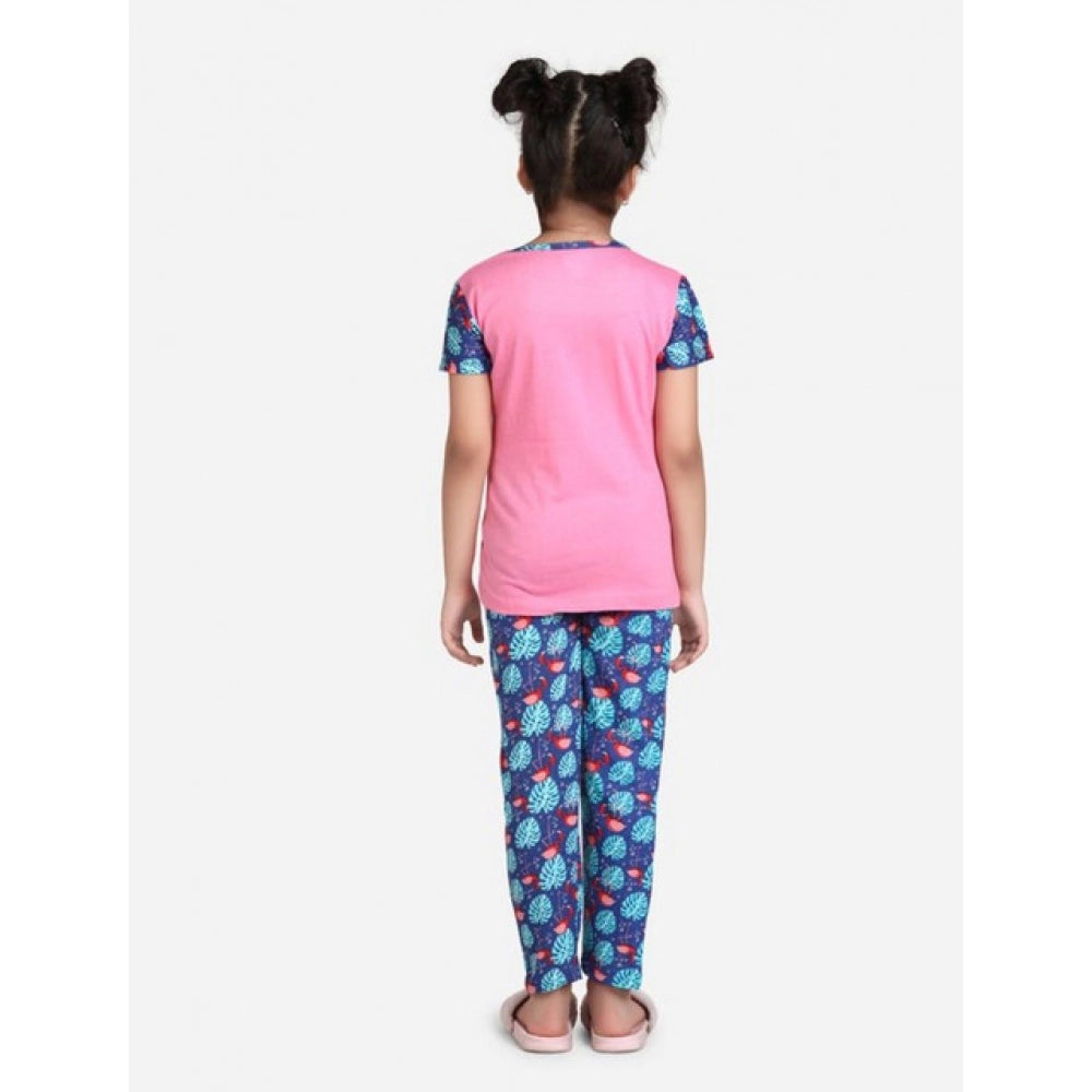 Girl's Cotton Hosiery Printed Night Suit Set - Pink-Blue