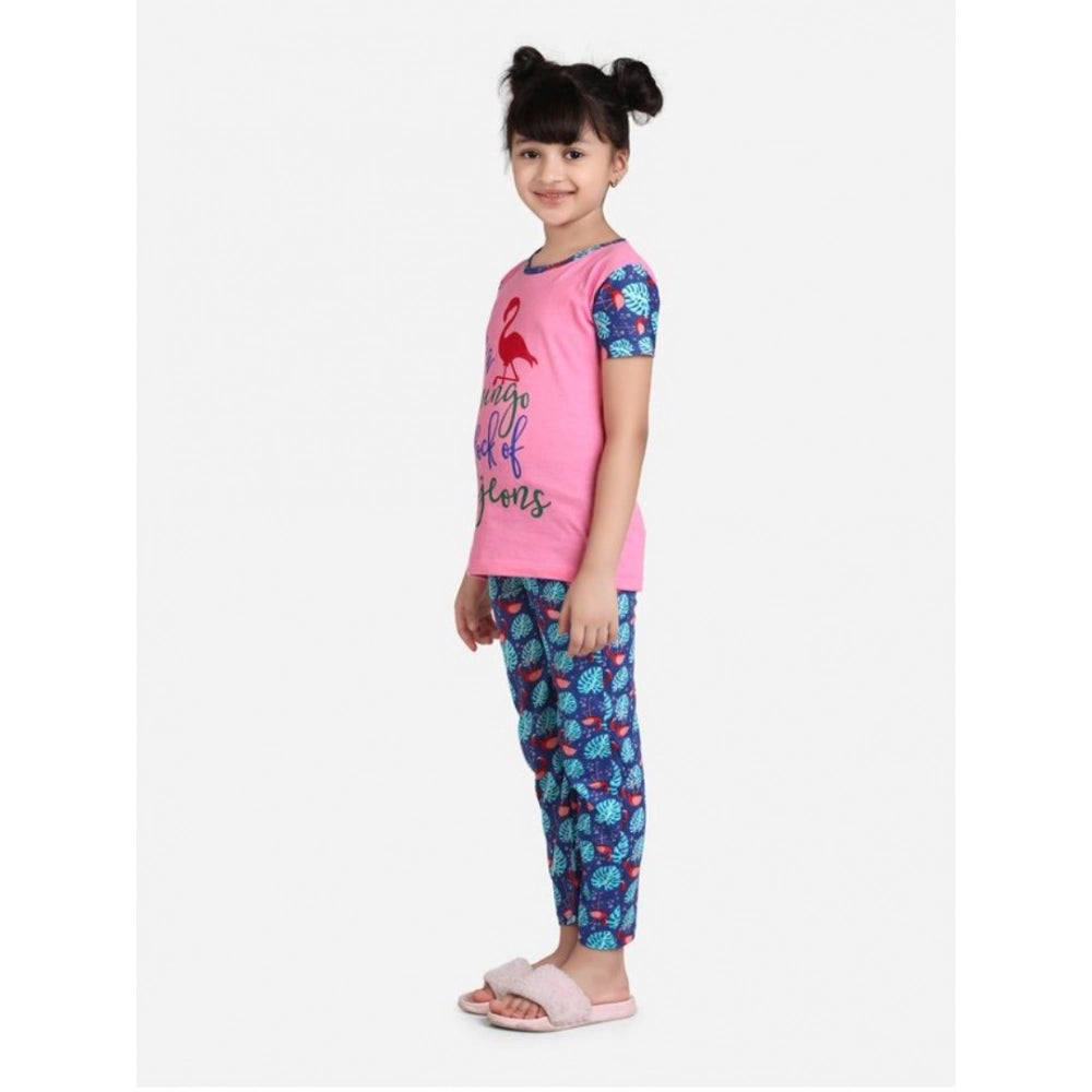 Girl's Cotton Hosiery Printed Night Suit Set - Pink-Blue