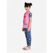 Girl's Cotton Hosiery Printed Night Suit Set - Pink-Blue