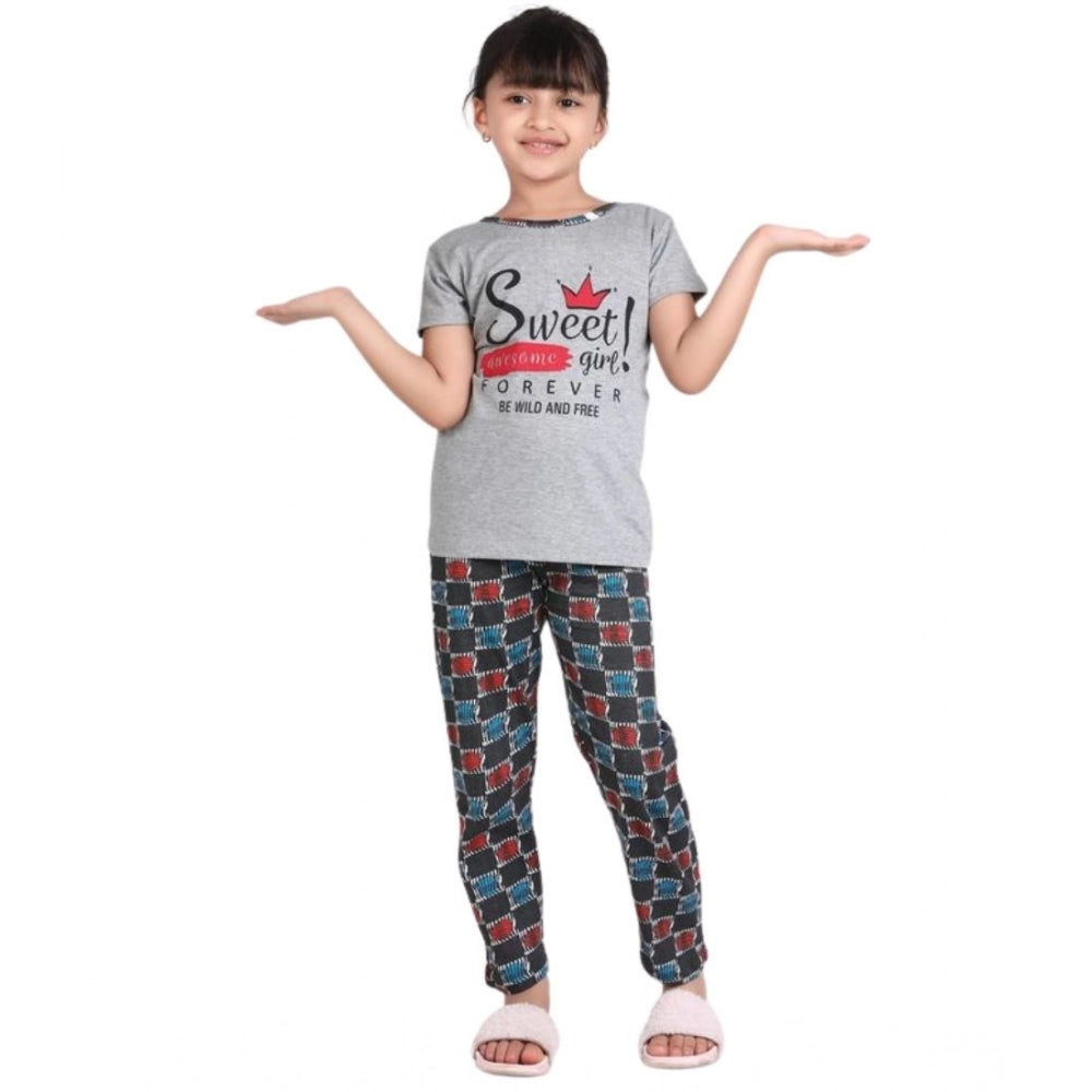 Girl's Cotton Hosiery Printed Night Suit Set - Grey-Red