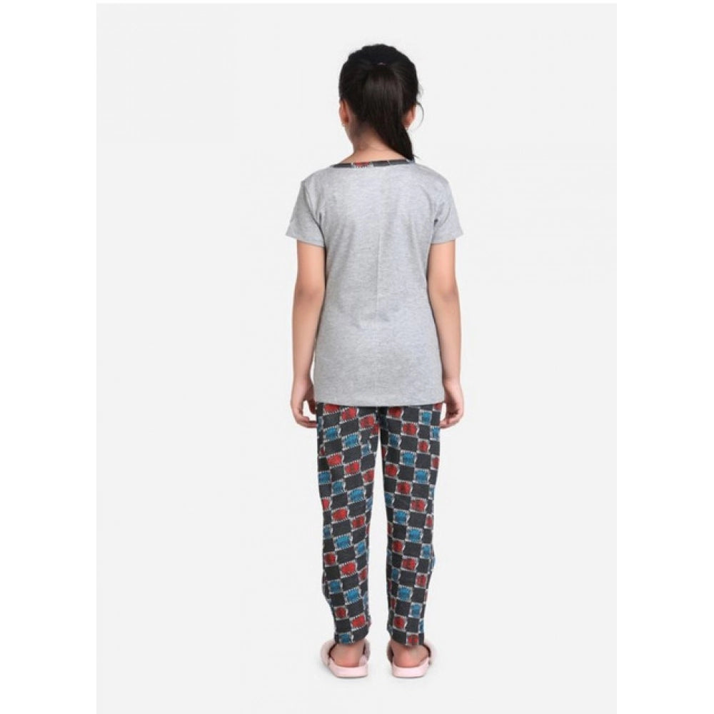 Girl's Cotton Hosiery Printed Night Suit Set - Grey-Red