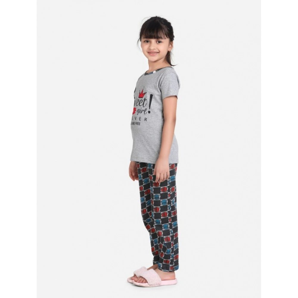 Girl's Cotton Hosiery Printed Night Suit Set - Grey-Red